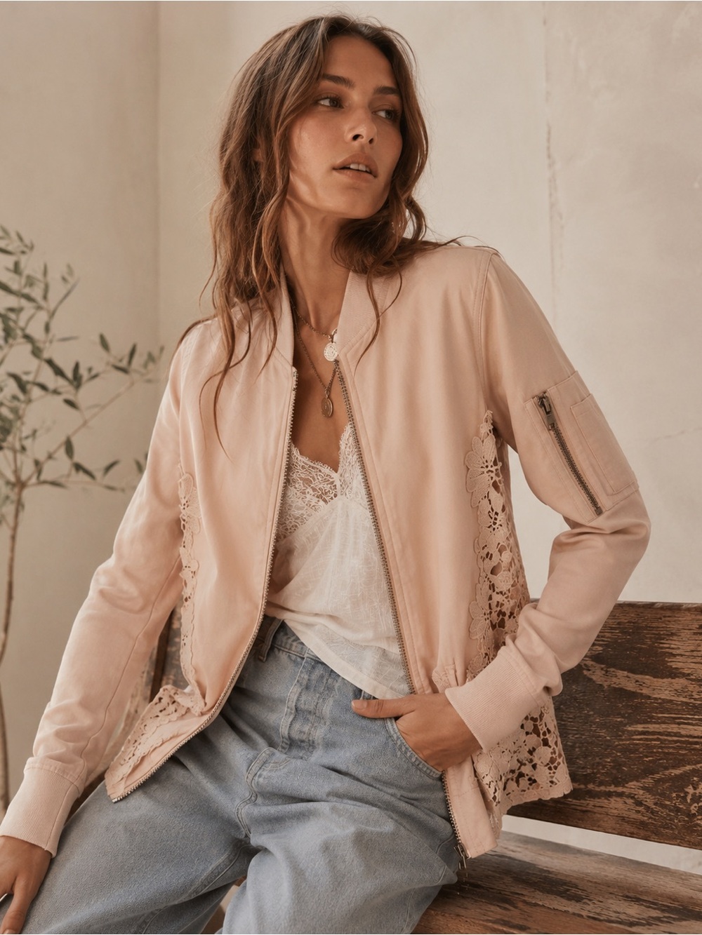 Chelsea28 Blush Pink Lace Back Bomber Jacket Lyocell Blend Zip-Up Boho Chic